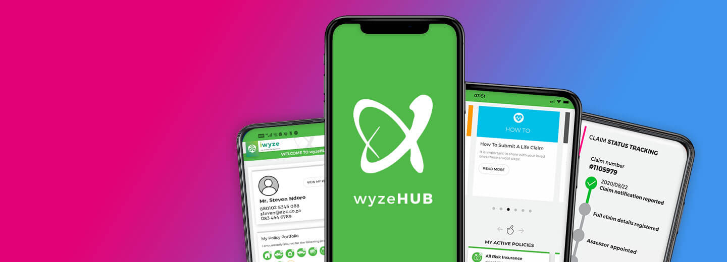Three smartphones displaying the iWYZE wyzeHUB app interface, including insurance policy overview, how to submit a claim, and real-time claim status tracking on a pink and blue gradient background.