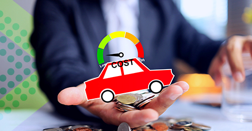 Illustration of a car, coins and a cost gauge representing vehicle insurance costs