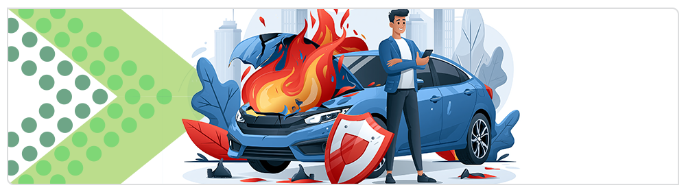 Illustration of a vehicle owner standing beside a car on fire with a shield representing fire and theft insurance cover